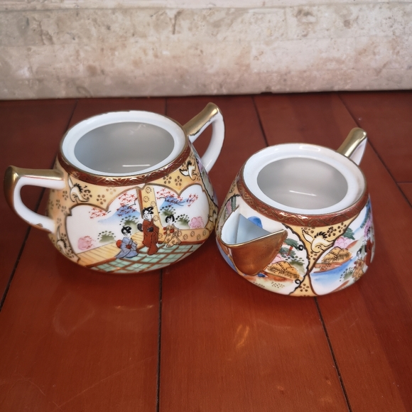 Antique Japan Kutani Bunpo 九谷文峰 Ceramic 2 Pieces Gold Edge Hand-Painted Tea Set - Picture 6 of 12